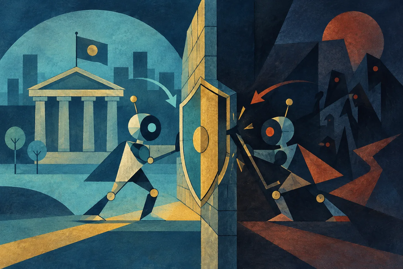 A geometric figure holding a shield defending a boundary wall, contrasted with the same figure mirrored on the opposite side of the wall, striking it open—illustrated in the style of Paul Klee