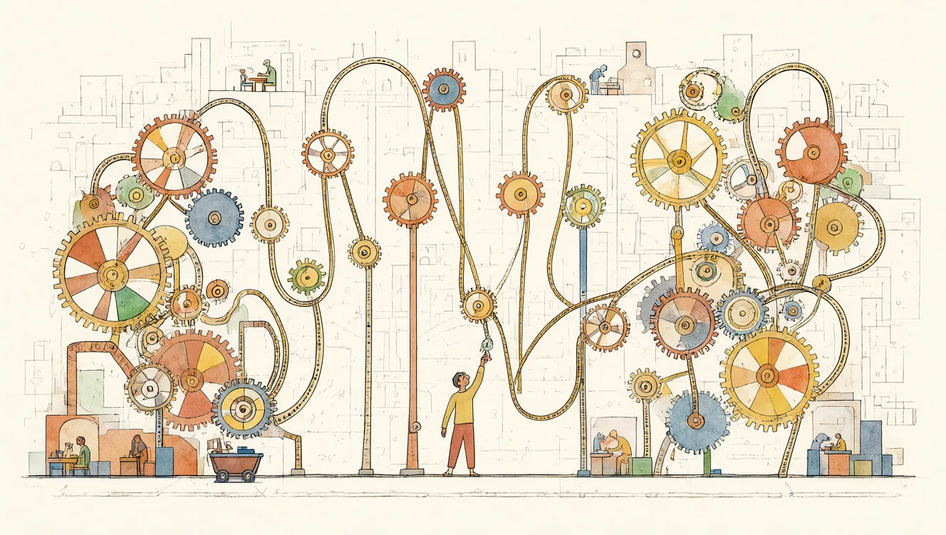 Multiple gears linked by a belt turning, with a person in the center pulling the belt — in the style of Paul Klee