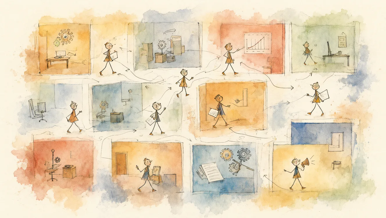 People moving through office cubicles with blurred boundaries, with floating documents and arrows above them — in the style of Paul Klee