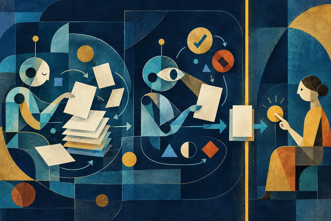 An illustration by Paul Klee of an AI writing and reviewing, with a human pressing the final button