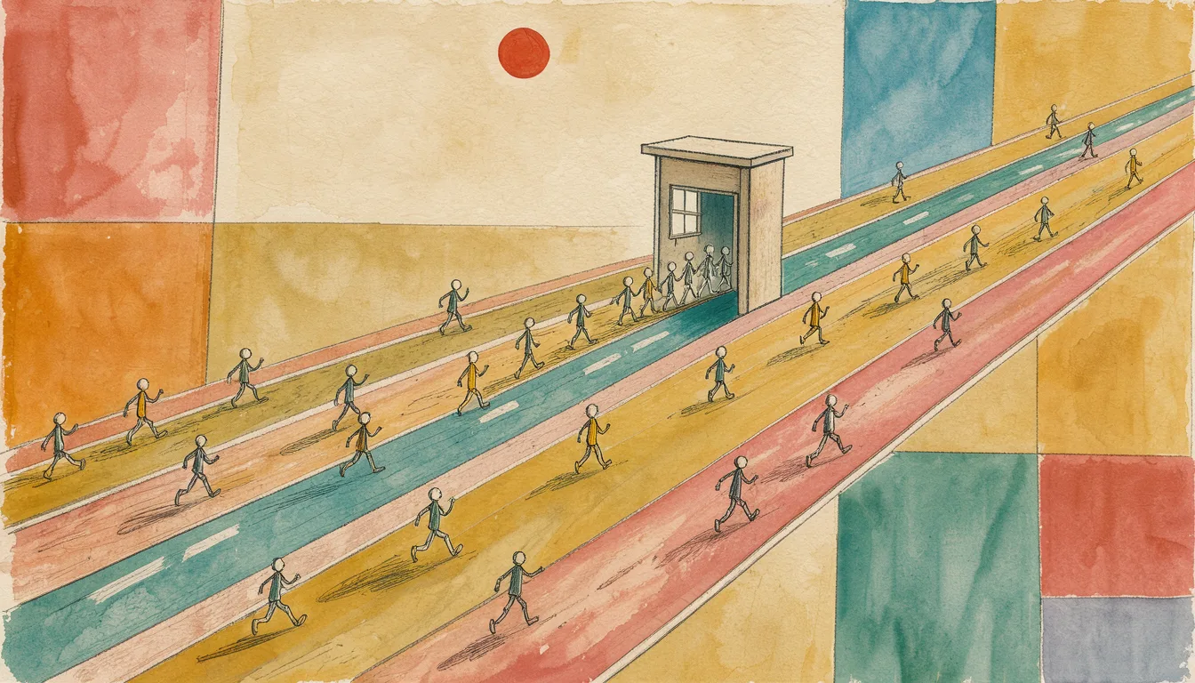 파울 클레 화풍의 그림. 여러 색 차선 위를 작은 사람들이 바삐 걷는데, 모든 길이 좁은 부스 하나로 모여 그 앞에 줄이 늘어서 있다.